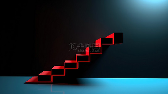 励志红色背景图片_登上蓝色墙壁上的黑色 3D 楼梯，红色箭头指示前方成功
