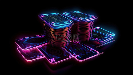 黑色背景上发光霓虹灯的 3D 插图，包括二十一点扑克和赌场卡