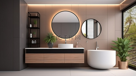 家居背景图片_带吊柜洗脸盆和镜子设计的卧室的 3D 插图