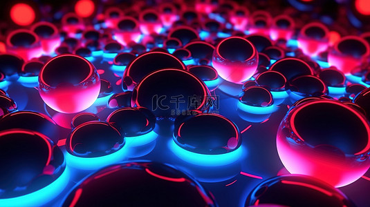 led灯背景图片_抽象背景上的动态霓虹灯球体，闪烁红蓝灯 3D 渲染