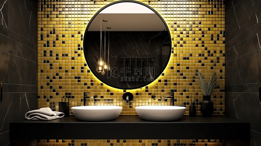 带黄色马赛克长方形镜子和 3D 圆形黑色洗脸盆的现代浴室设计