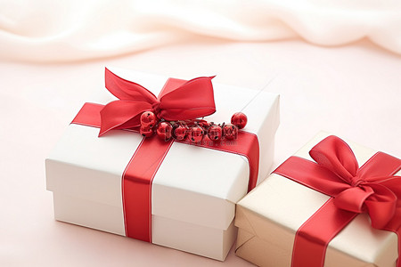 两个圣诞盒子正在铺设，其中一个在白色上有红色蝴蝶结
