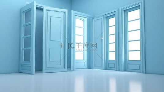 门窗背景图片_时尚的单色柔和蓝色 3D 渲染门窗概念