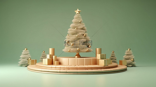 红金背景图片_圣诞松树装饰的讲台舞台的 3D 插图