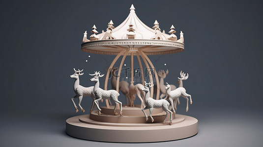 金马背景图片_可爱的 3d 圣诞驯鹿旋转木马呈现在灰色纸纹理背景上