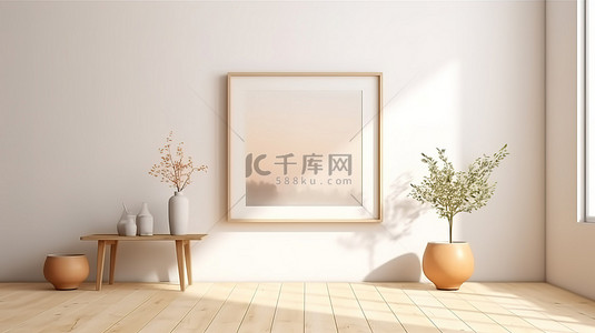 logo样机背景图片_3D 渲染明亮的现代室内装饰，配有白色墙壁装饰和样机海报框架