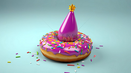 糖糕背景图片_3d 渲染的甜甜圈戴着派对帽
