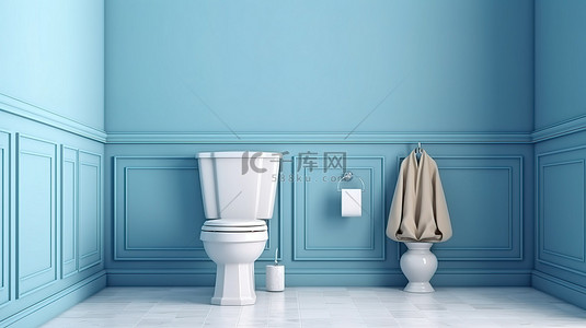 现代客用浴室配有蓝色墙壁和 3D 渲染的经典特色