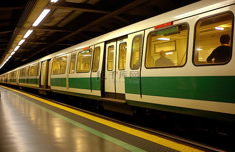 一列绿白相间的地铁列车驶入车站