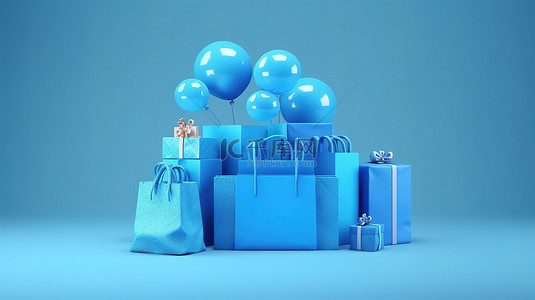 电子商务概念化的蓝色讲台，带有购物袋和蓝色背景的硬币，3D 插图