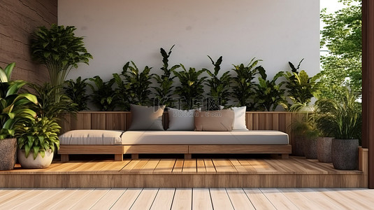 手绘台阶背景图片_享有花园景观的木质台阶休息区中 L 形沙发的 3D 渲染
