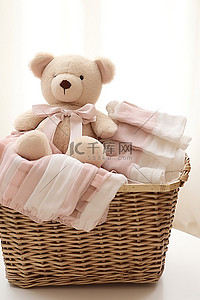 玩具背景图片_一个空篮子，里面有一只泰迪熊和一条围巾