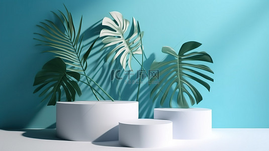 带热带叶影的浅蓝色背景和用于产品展示的 3d 白色讲台