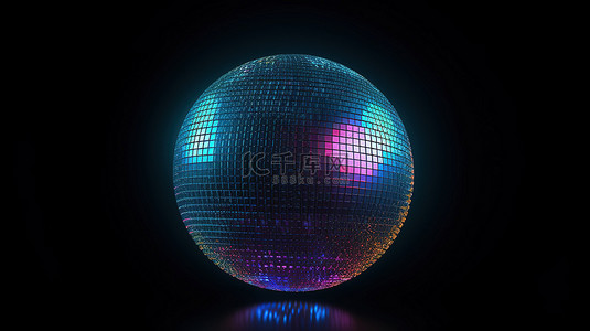 深蓝色背景上的 3d 渲染照亮的霓虹色闪闪发光的迪斯科舞会