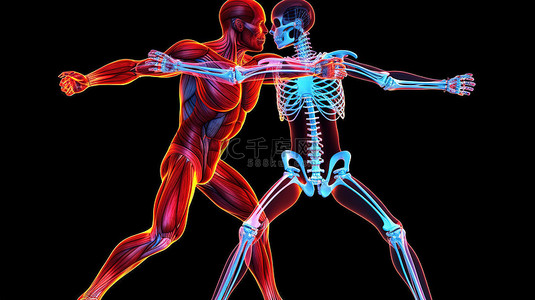 心血管背景图片_3D 插图中适合夫妻的骨骼和肌肉系统的解剖学