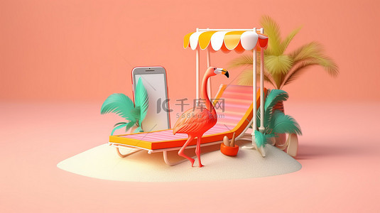 海滩躺椅和火烈鸟浮标的 3D 插图代表在线智能手机暑假预订概念与复制空间
