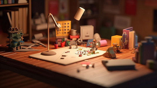 创意家具背景图片_用于研究和商业概念的创意玩具工作区 3D 插图的等距场景