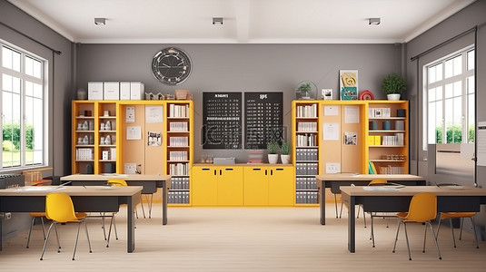 储物柜背景图片_现代教室的真实 3D 渲染，配有时尚的课桌座位和学校储物柜