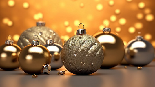 令人惊叹的 3D 渲染圣诞装饰品，带有闪闪发光的金色装饰