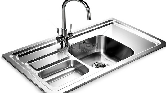 白色背景 3D 渲染上的不锈钢水龙头和现代金属厨房水槽