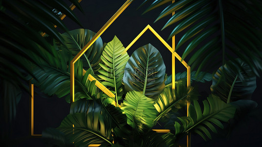 热带树叶和几何形状用辐射辉光 3D 渲染照亮