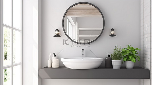 悬挂在白墙上的洗脸盆上方的圆形镜子的 3D 渲染