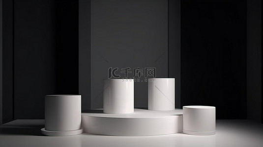 以 3D 形式呈现的极简主义产品展览具有三个讲台和侧窗照明