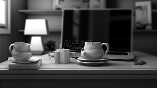 办公室咖啡背景图片_3D 插图样机单色家庭办公室，配有笔记本电脑台灯和咖啡杯