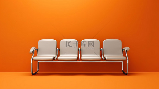 橙色背景 3D 渲染单色公共座椅，三个座位