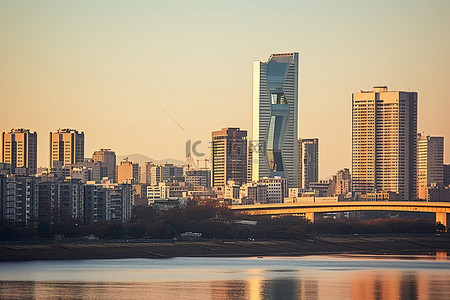 旅行背景图片_日落时的首尔河景