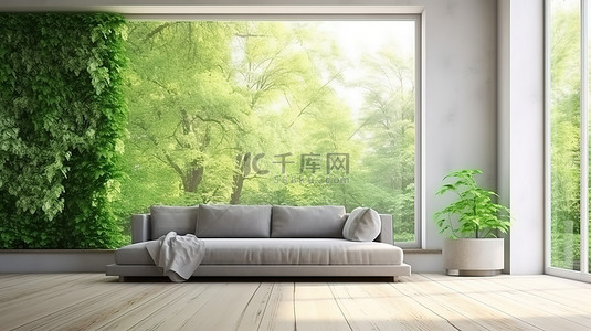 室内设置中的风景墙的杂草丛生和地板沙发 3D 渲染
