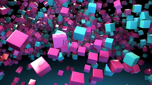 3D 渲染粉红色紫色蓝色绿色和黑色色调的飞行立方体的抽象插图