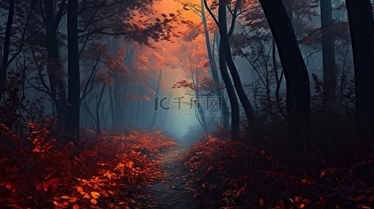 雾蒙蒙的秋季森林中的黄昏小道，落叶的数字 3D 描绘