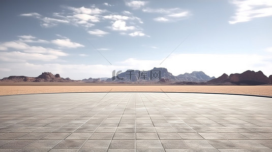 ps沥青路背景图片_空置停车场 3D 渲染灰色沥青与沙漠景观
