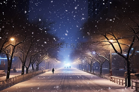 城市街道夜景背景图片_城市街道被雪覆盖