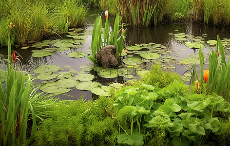 荷叶背景图片_有些植物和草一起在池塘里