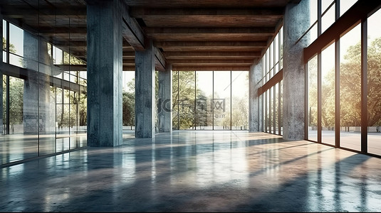 透视图背景图片_具有水泥结构和玻璃墙建筑外部透视图的空混凝土地板的混合媒体表示