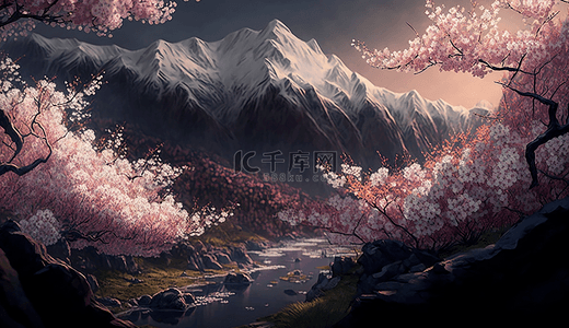 春季樱花插画背景图片_春季山谷樱花浪漫背景