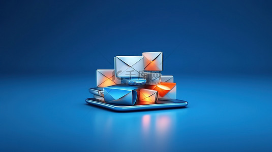 新的收件箱电子邮件通知 3D 渲染概念，蓝色背景上隔离阴影