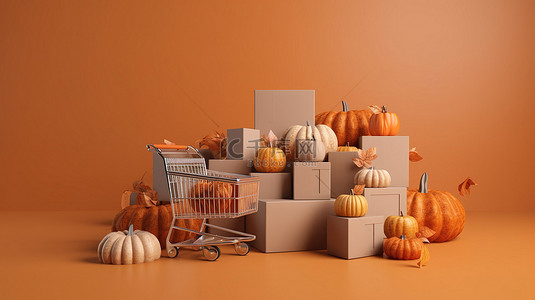 秋季礼物背景图片_秋季主题购物车，配有麻袋礼品盒和 3D 渲染设计的复制空间