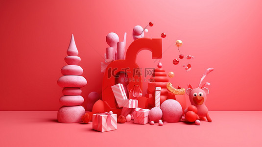 欢乐的假期，有 3D 红色圣诞字体欢快的表情符号和粉红色背景上潦草的圣诞树装饰的节日礼品盒