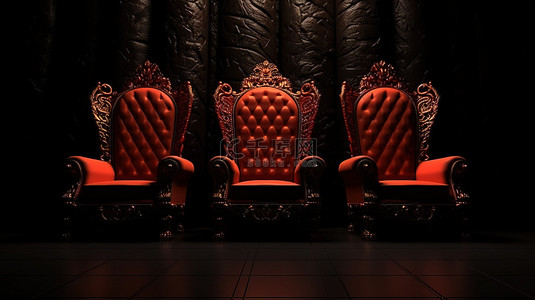 现代黑色扶手椅围绕红色皇家宝座，以 3D 渲染描绘黑色背景上的领导概念
