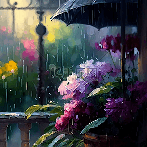 花瓣雨背景图片_鲜花雨滴雨中的阳台花园油画花卉背景
