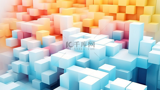 由白色地板上的切片立方体创建的 2 色调几何图案简约 3D 渲染