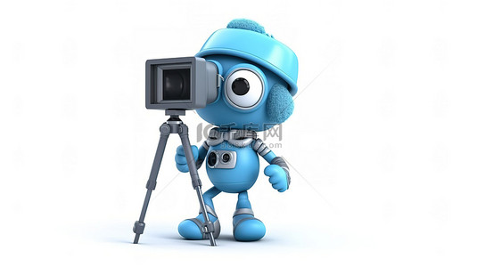 蓝皮书人物吉祥物的 3D 渲染，在三脚架系统上持有单反相机或摄像机，在白色背景下具有万向节稳定性
