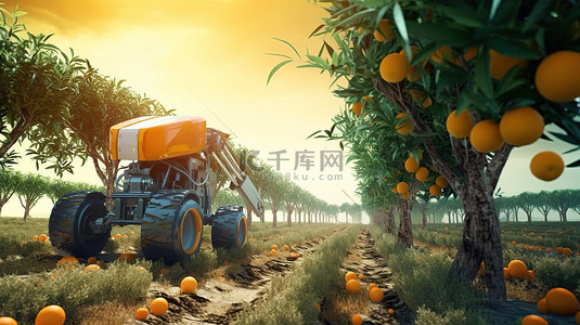 采摘水果背景图片_革命性农业技术3D渲染机器人采摘橙子