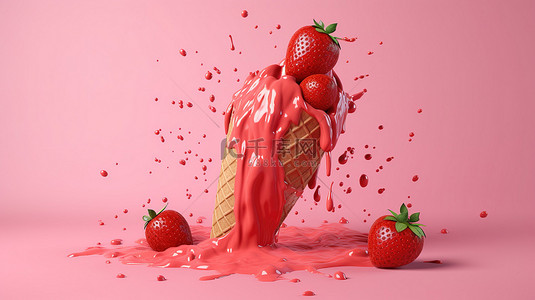 牛奶背景图片_草莓圆锥体 3d 模型，周围环绕着漂浮的草莓和玫瑰色背景上的粉红色飞溅