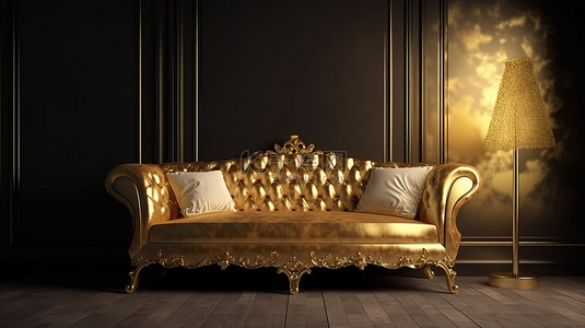 奢华的金色装饰以令人惊叹的 3D 渲染与柔软的沙发相得益彰