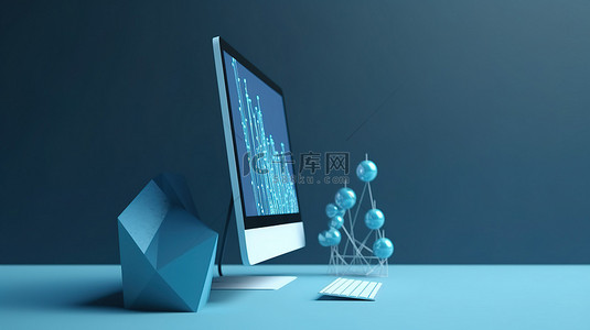 蓝色世界 3D 渲染计算机中的数字营销与业务增长和目标