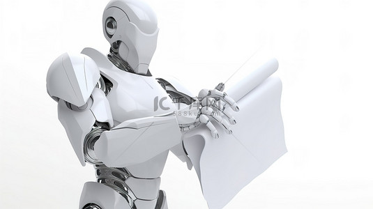 孤立的白色背景与 3d 女性机器人或机器人拿着一张白纸